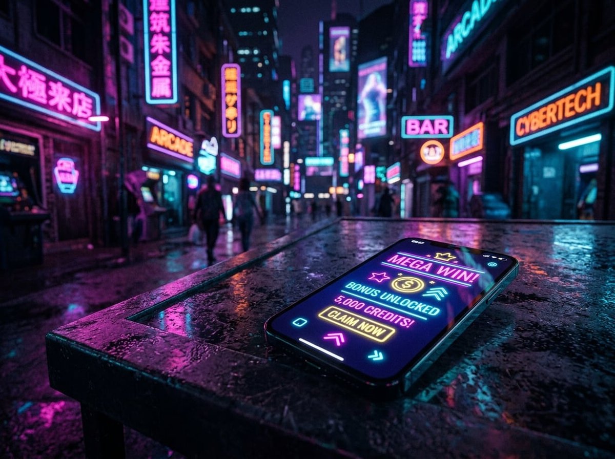 Neon-lit close-up of a phone screen displaying a bonus notification, magenta and cyan light spilling onto a dark surface