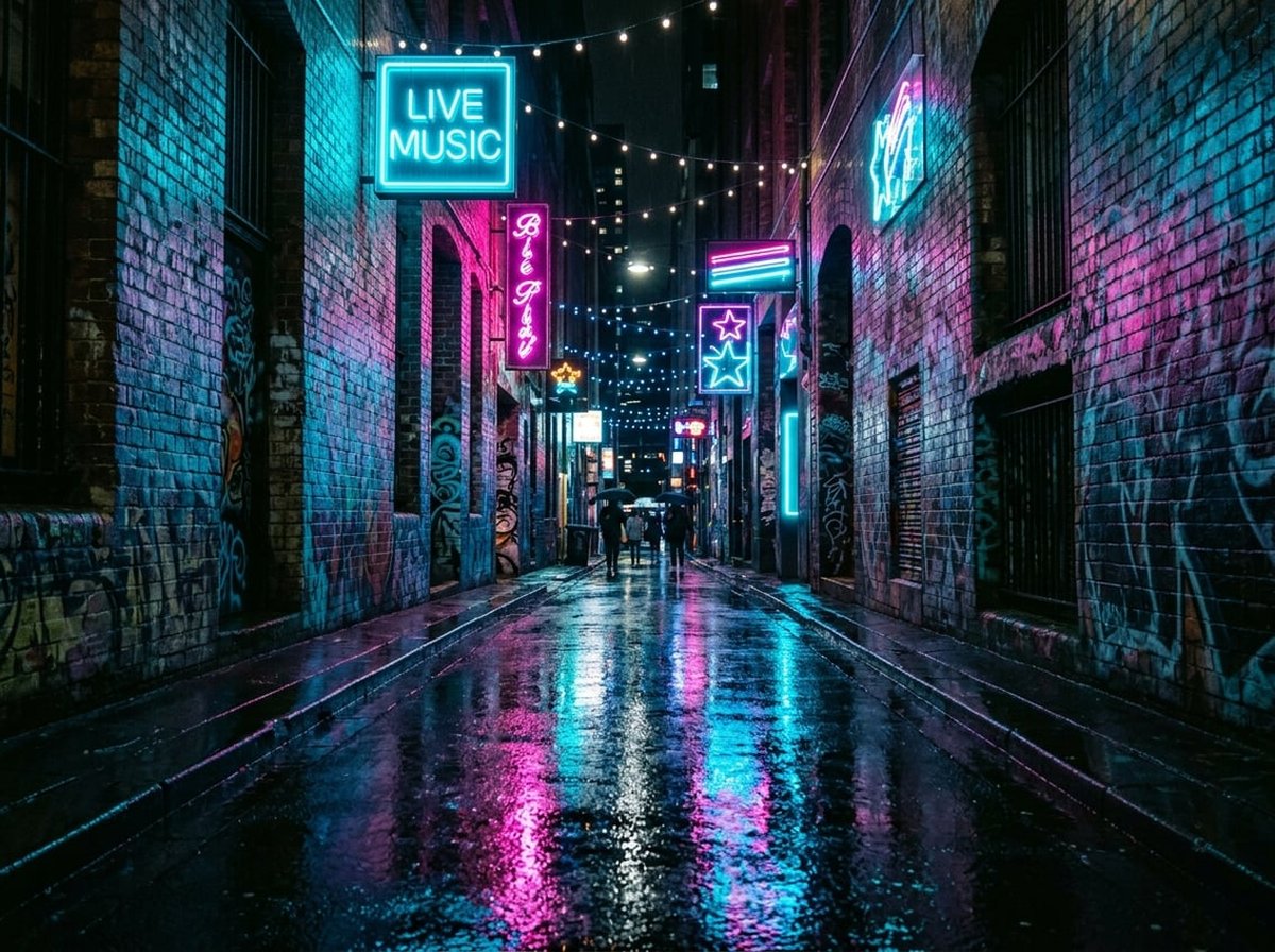 A rain-slick Melbourne laneway at night, neon signs reflecting in the wet asphalt, cyan and magenta light bouncing off brick
