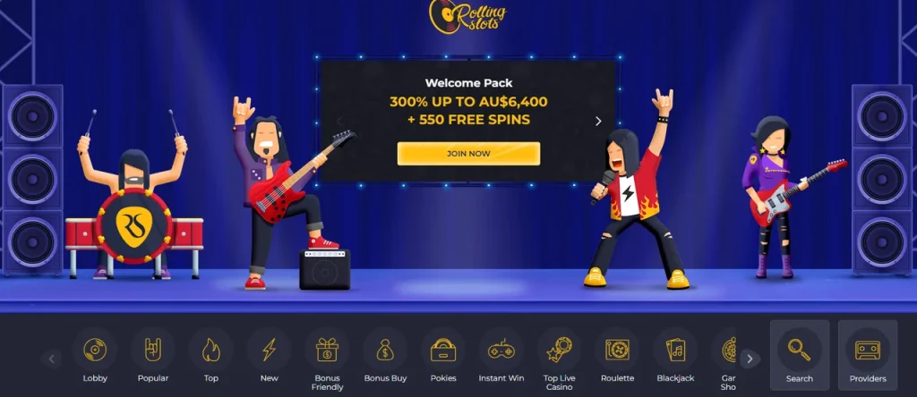Rolling Slots casino Australia review hero, logo with welcome bonus and Australian-first banking branding